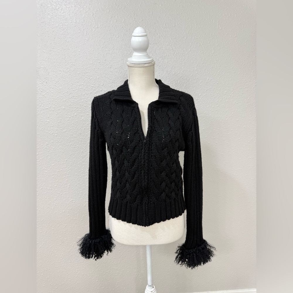 Y2K Italian Cable Knit Sweater Jacket Tibet Lamb Fur Cuffs Cropped Zip Black M